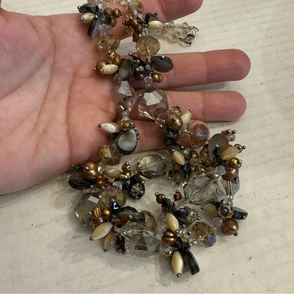925 Sterling Silver Aurora Borealis Vintage Necklace Pearl Shells Crystals 25